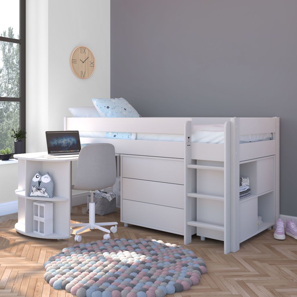 UNO Midsleeper Special Package Includes 3 Drw Chest, Cube Unit with 2 White Doors, Pull Out Desk and Free Stompa S Flex Airflow Mattress Lifestyle Angled