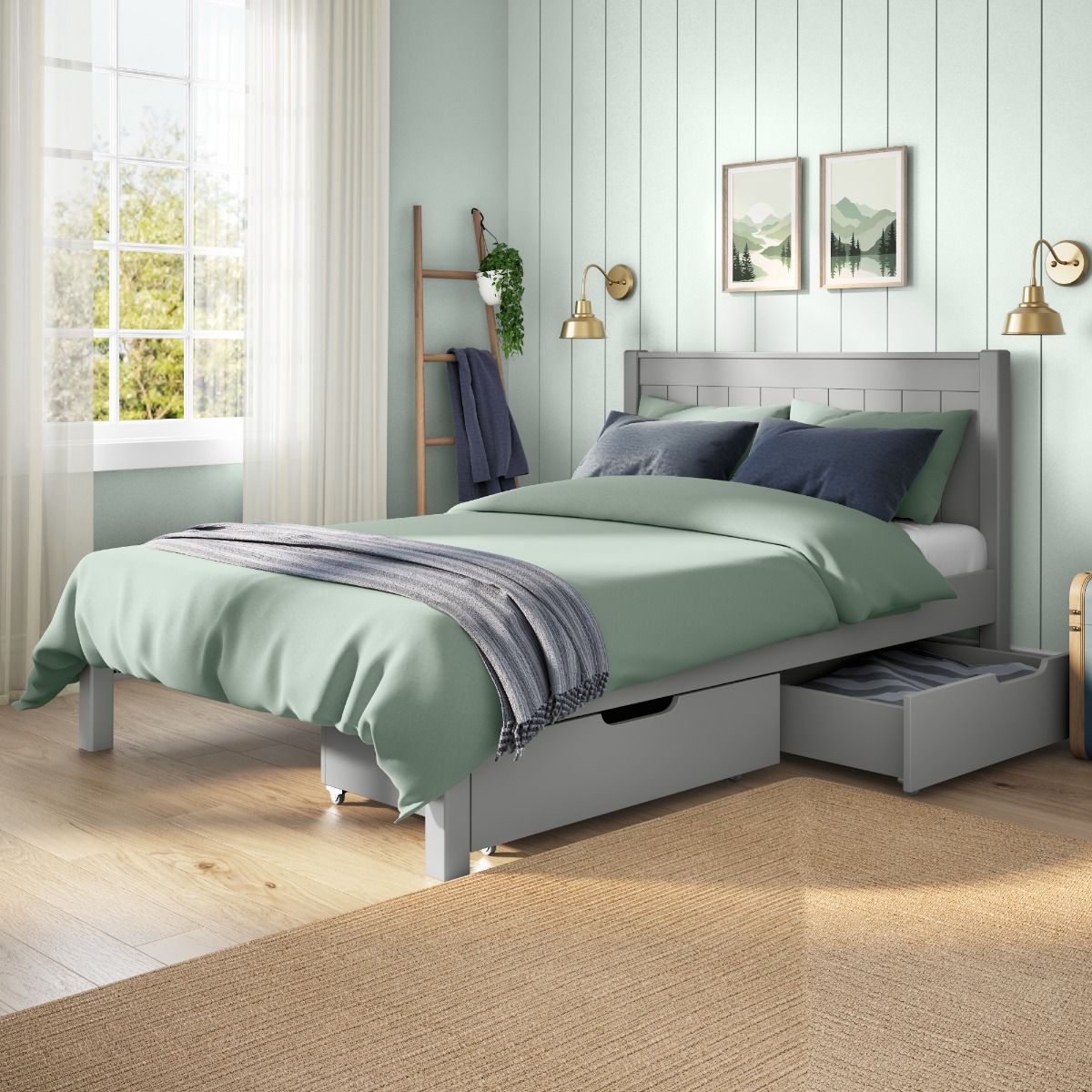 Classic Low End Double Bed in Grey with a Pair of Drawers Lifestyle Angled Zoomed