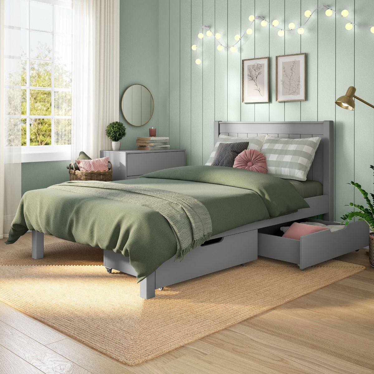 Classic Low End Small Double Bed in Grey with a Pair of Drawers Lifestyle Angled Zoomed