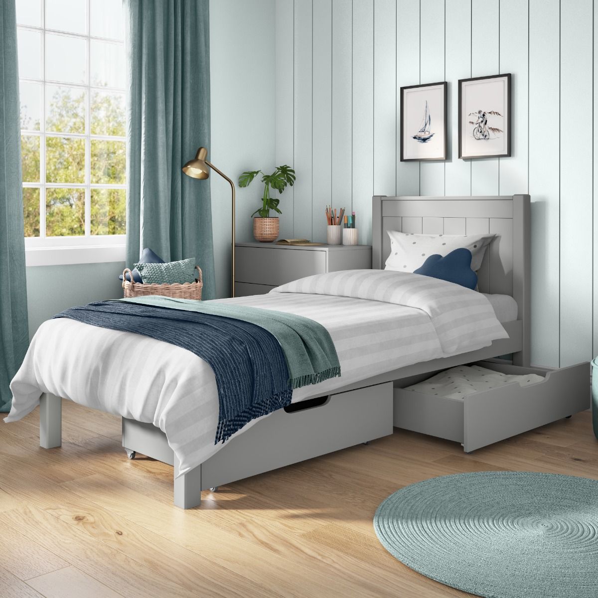 Childrens Classic Low End Single Bed in Grey Lifestyle Angled Zoomed