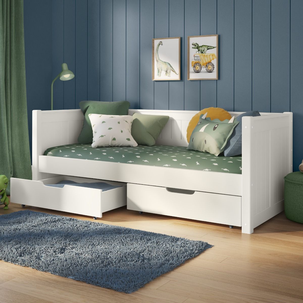 Childrens Classic White Daybed with 2 Drawers Lifestyle Angled Zoomed