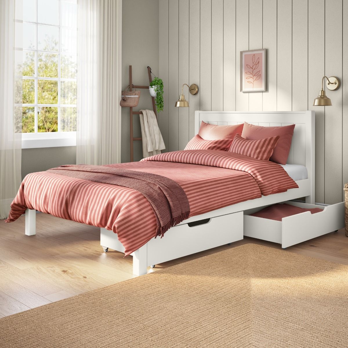 Classic Low End Double Bed in White with a Pair of Drawers Lifestyle Angled Zoomed