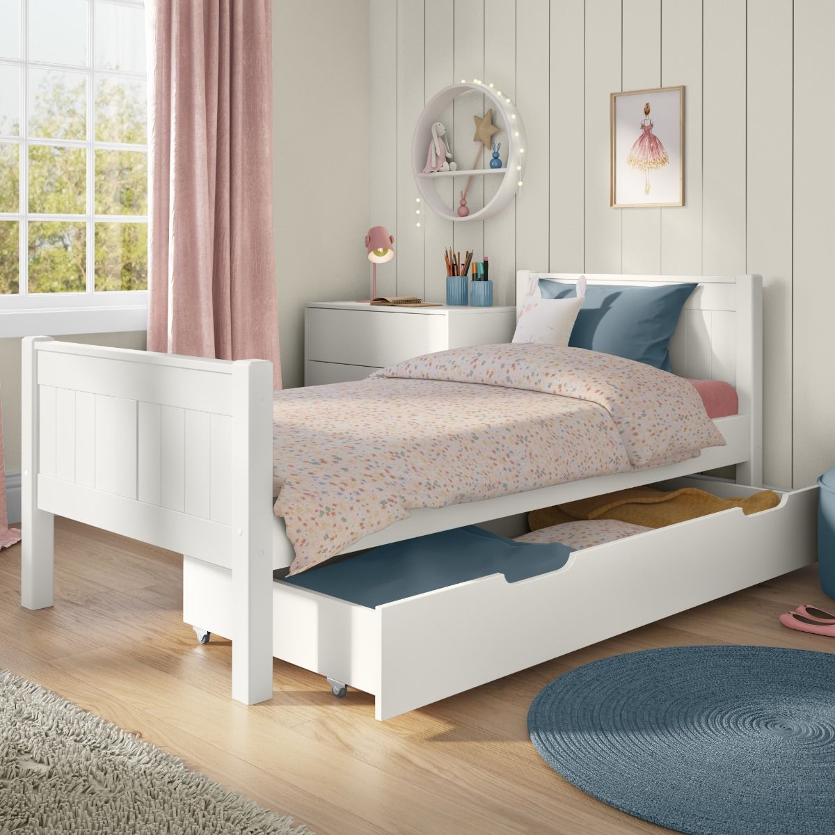 Childrens Classic Single Bed White with a Trundle Drawer Lifestyle Angled Zoomed