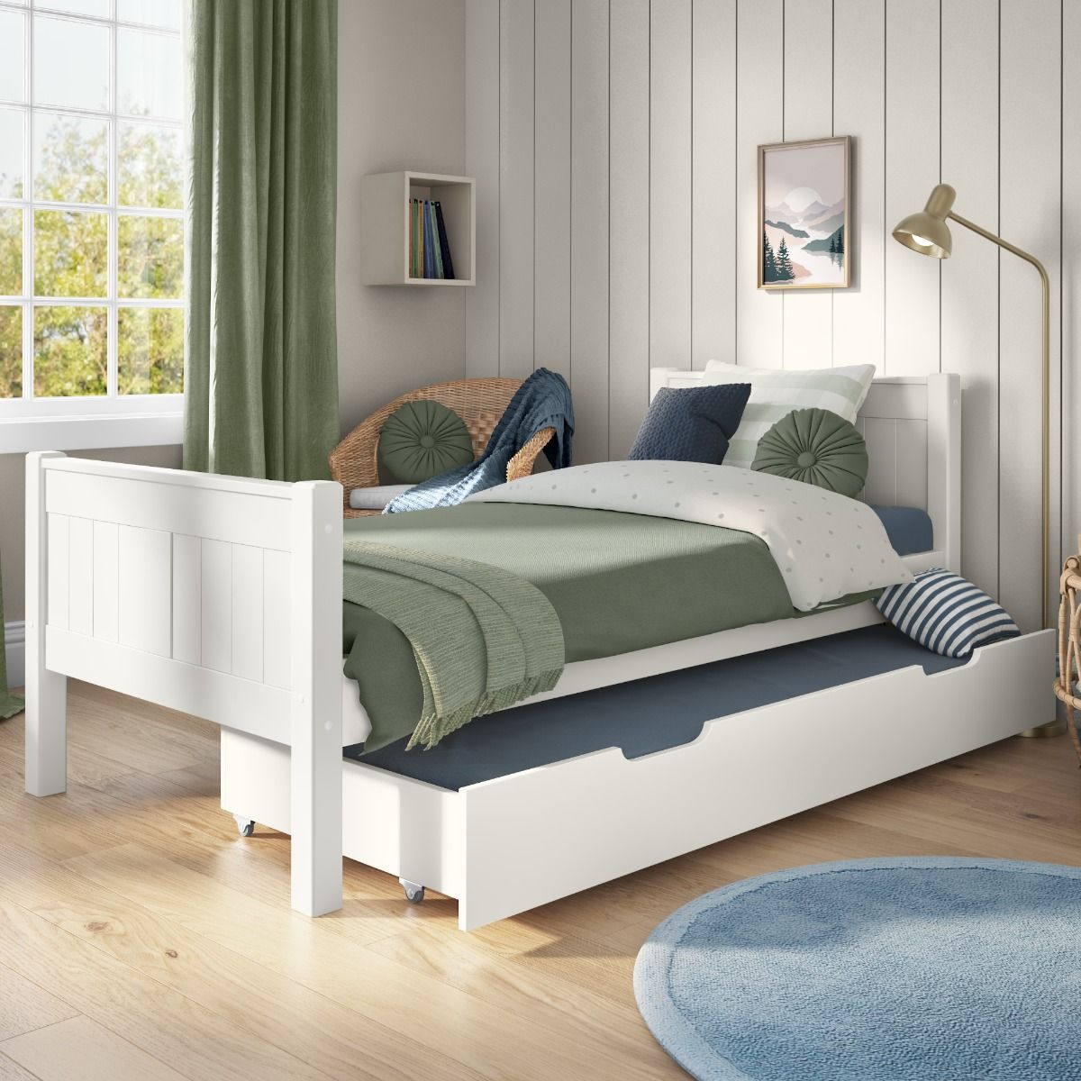 Childrens Classic Single Bed White with a Trundle Drawer and Trundle Mattress Lifestyle Angled Zoomed