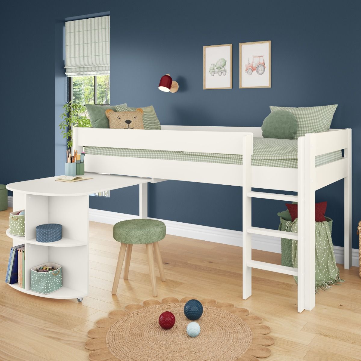 Childrens  Uno 1 White Midsleeper Bed With Pull Out Desk Lifestyle Angled Zoomed