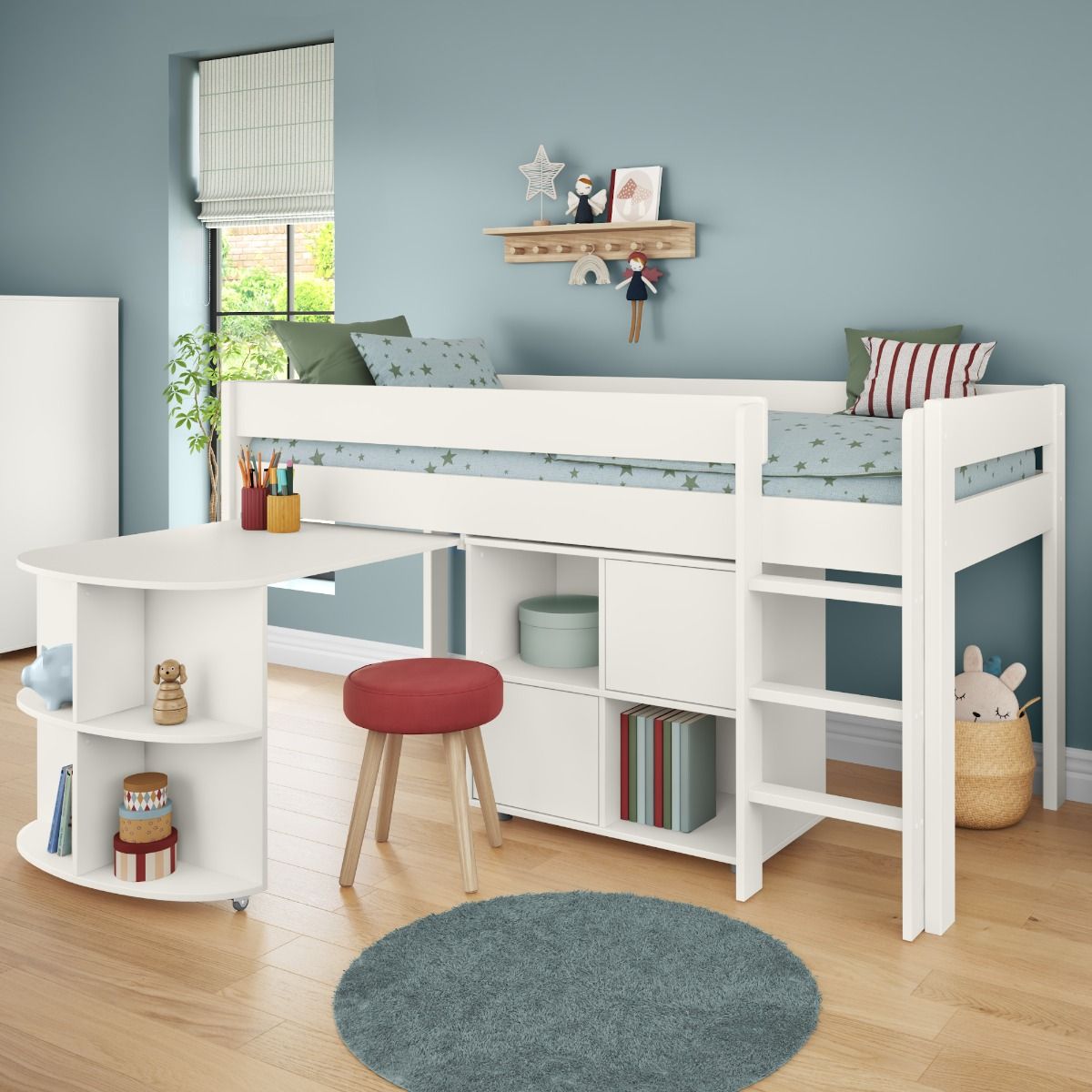 Childrens Uno 1A White Midsleeper Bed Frame, Pullout Desk and Cube Unit Lifestyle Angled Zoomed