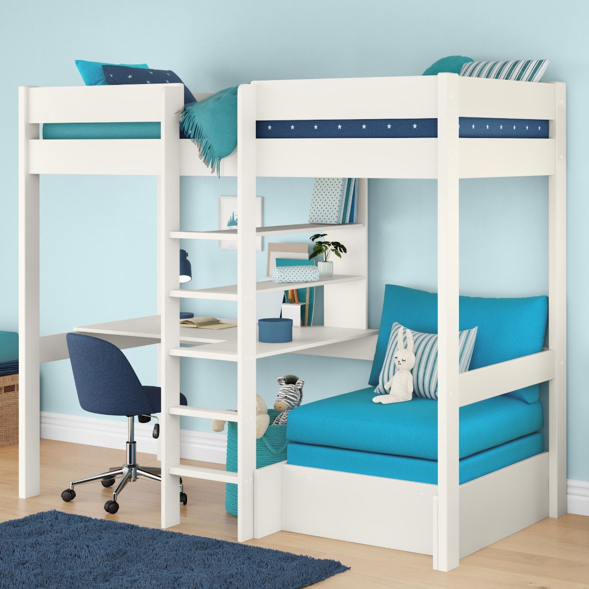 Uno White High Sleeper with Integrated Desk and Shelving and Aqua Chair Bed