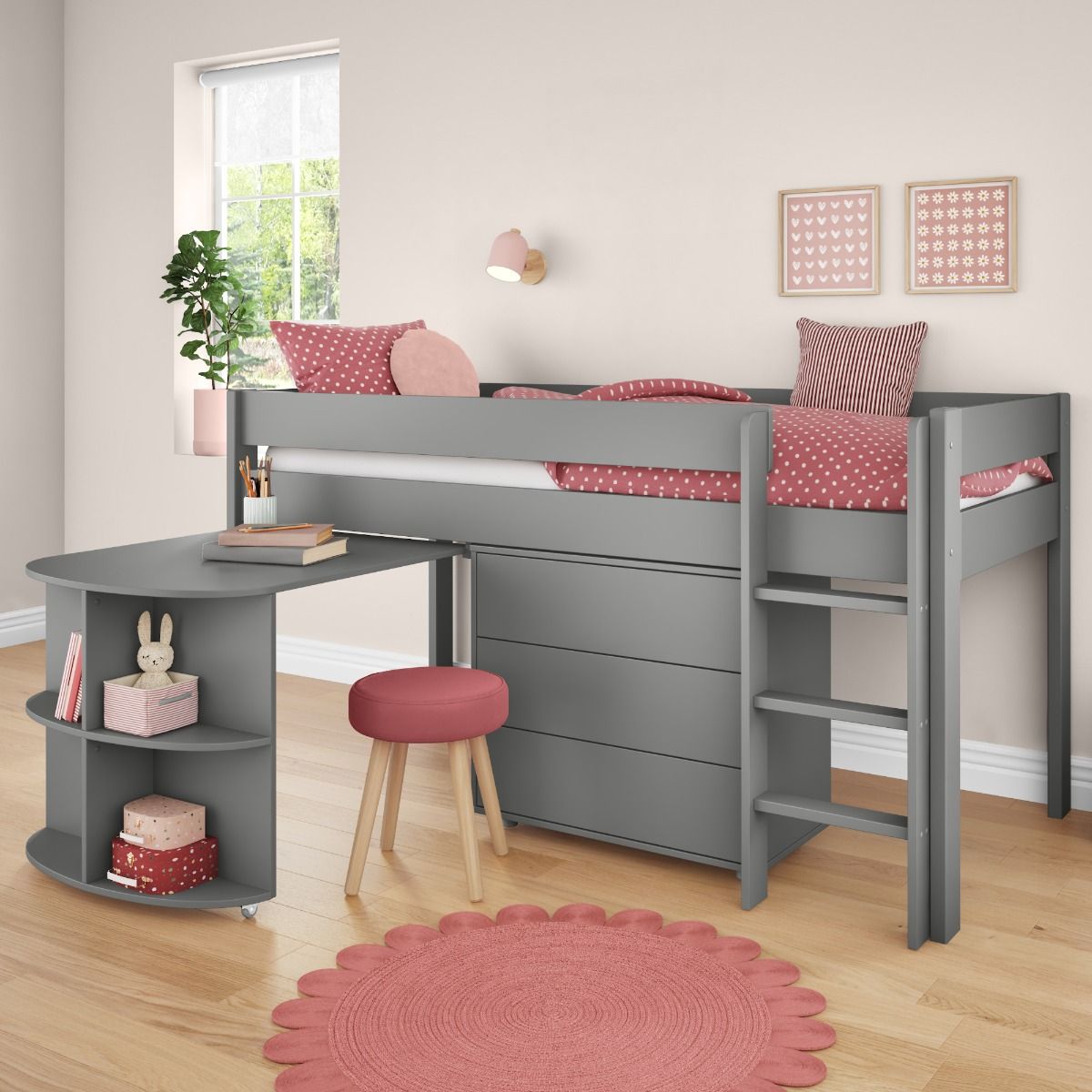 Childrens Uno Grey Midsleeper Bed with Pull Out Desk and 3 Drawer Chest Lifestyle Angled Zoomed