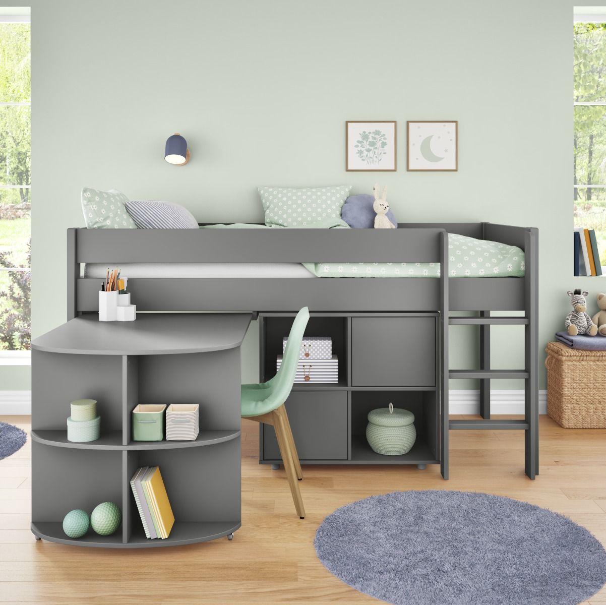 Uno Grey Midsleeper With Pull Out Desk And Cube Unit With Doors Lifestyle Front Zoomed