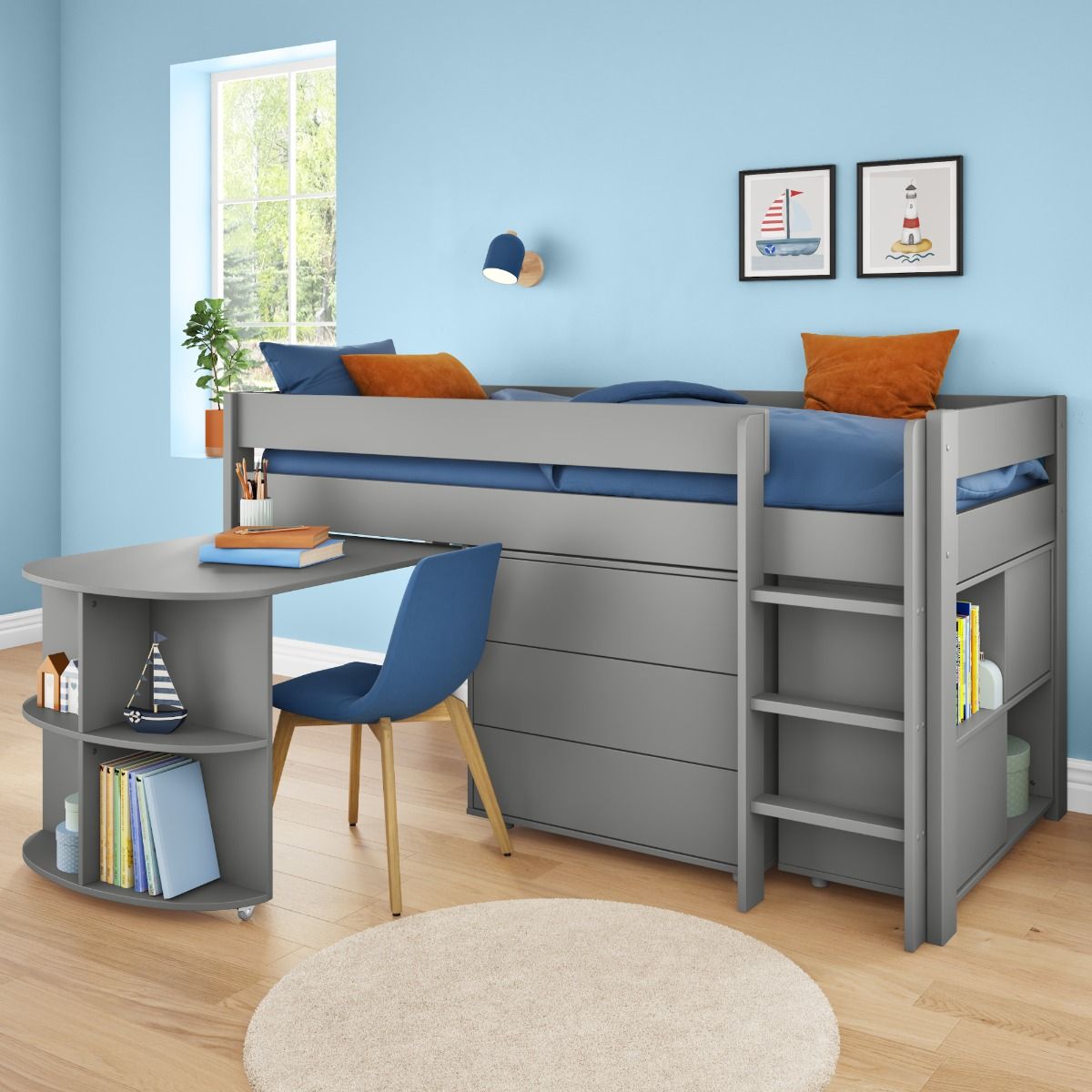 Childrens Uno Grey Midsleeper Bed With Pull Out Desk, Cube Unit With Grey Doors and 3 Drawer Chest Lifestyle Angled Zoomed