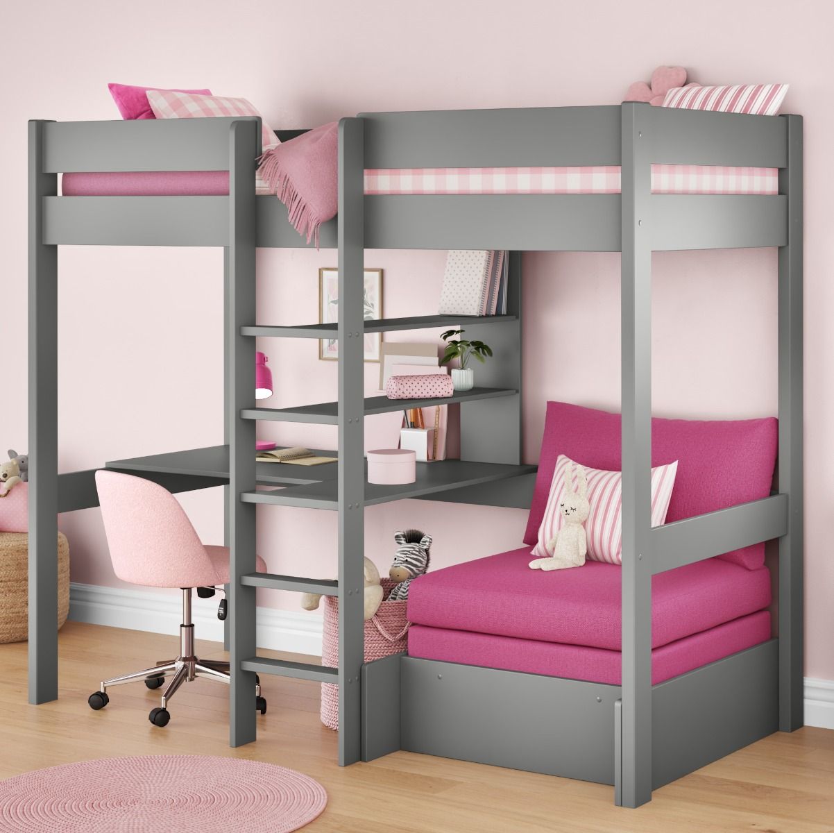 Uno Grey High Sleeper with Integrated Desk and Shelving and Pink Chair Bed Lifestyle Angled Zoomed