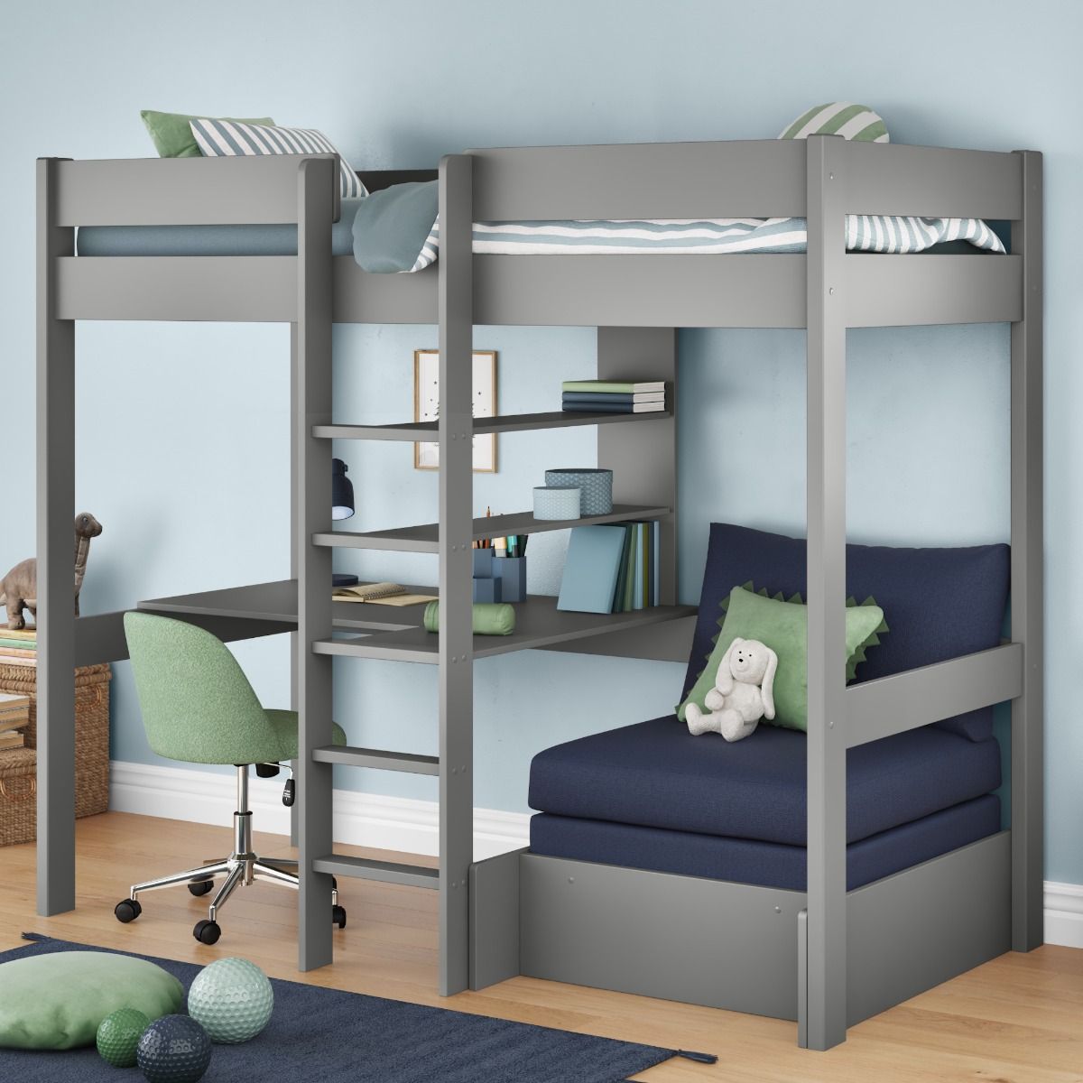 Uno Grey High Sleeper with Integrated Desk and Shelving and Blue Chair Bed Lifestyle Angled Zoomed