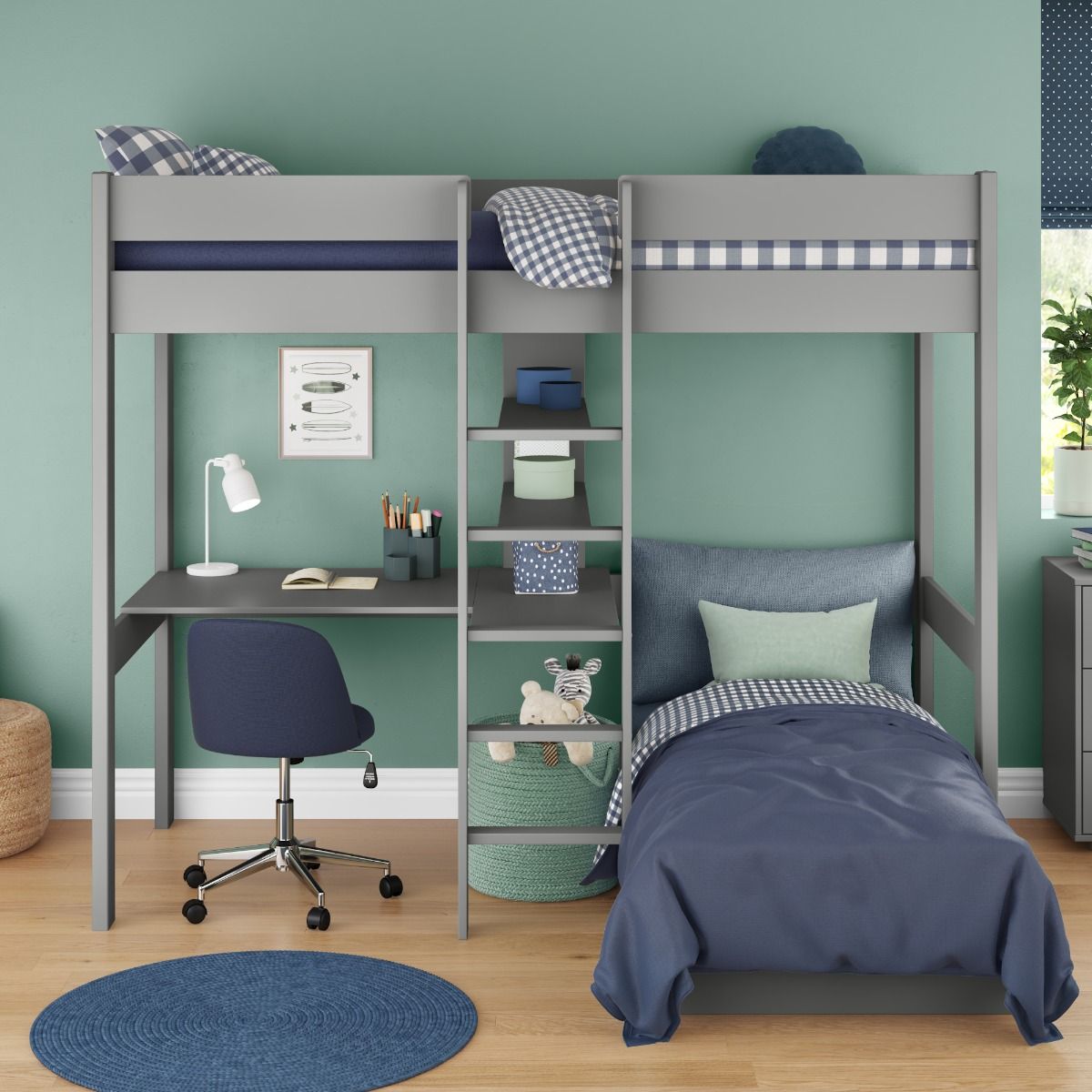 Uno Grey High Sleeper with Integrated Desk and Shelving and Grey Chair Bed Lifestyle Angled Zoomed