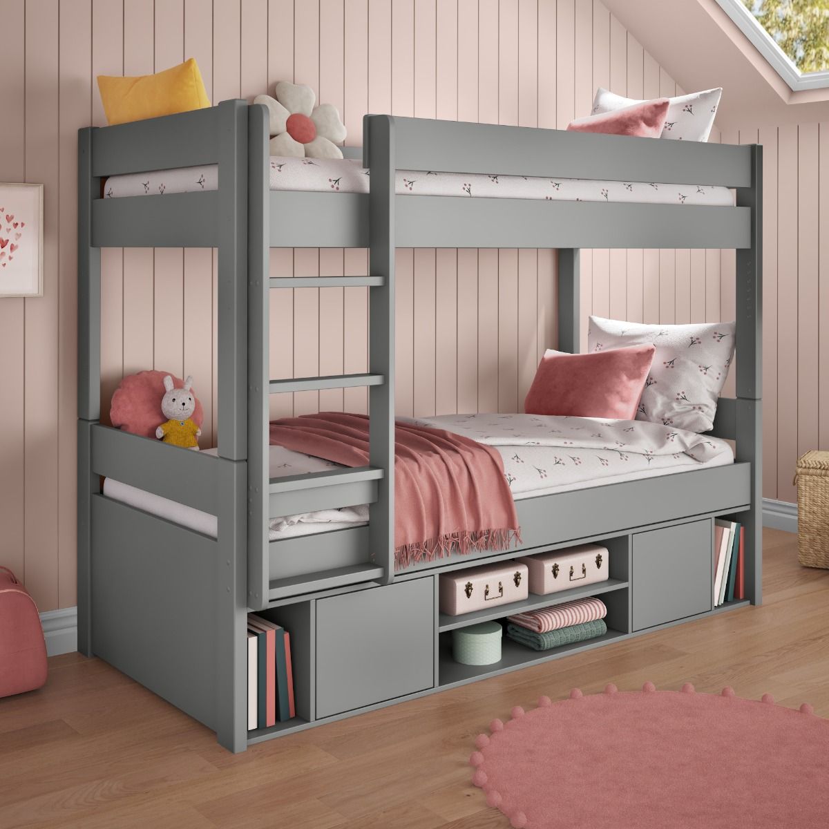 Uno Grey Storage Detachable Bunk Bed Lifestyle Angled Zoomed