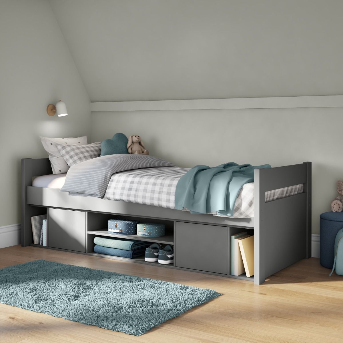 Children's Uno Grey Storage Cabin Bed Lifestyle Angled Zoomed