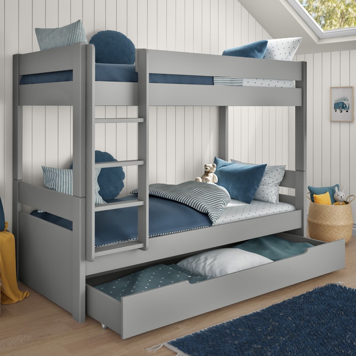 Childrens Uno Grey Detachable Bunk Bed with Trundle Lifestyle Angled Zoomed