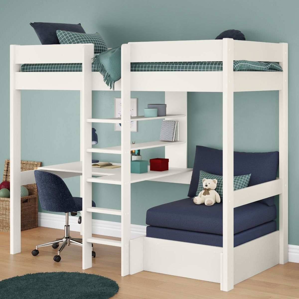 Uno 5 White Highsleeper With Desk and Pullout Chairbed Blue Cushion Set Lifestyle Angled Zoomed