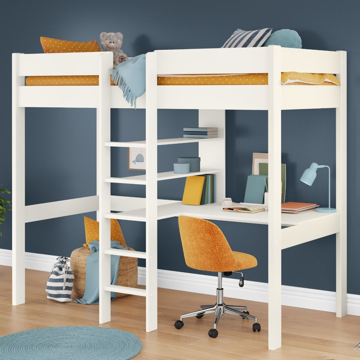 Uno White Highsleeper Bed Frame with Desk/Shelving Lifestyle Angled Zoomed