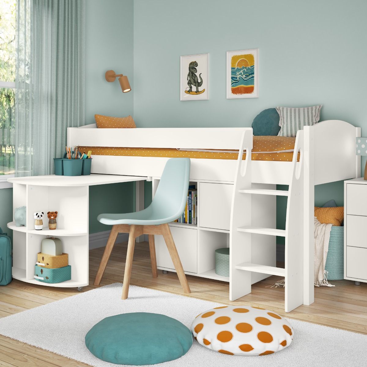 Childrens UNO S Midsleeper Bed Including Pull Out Desk and Cube Unit with 2 White Doors - White Headboards Lifestyle Angled Zoomed