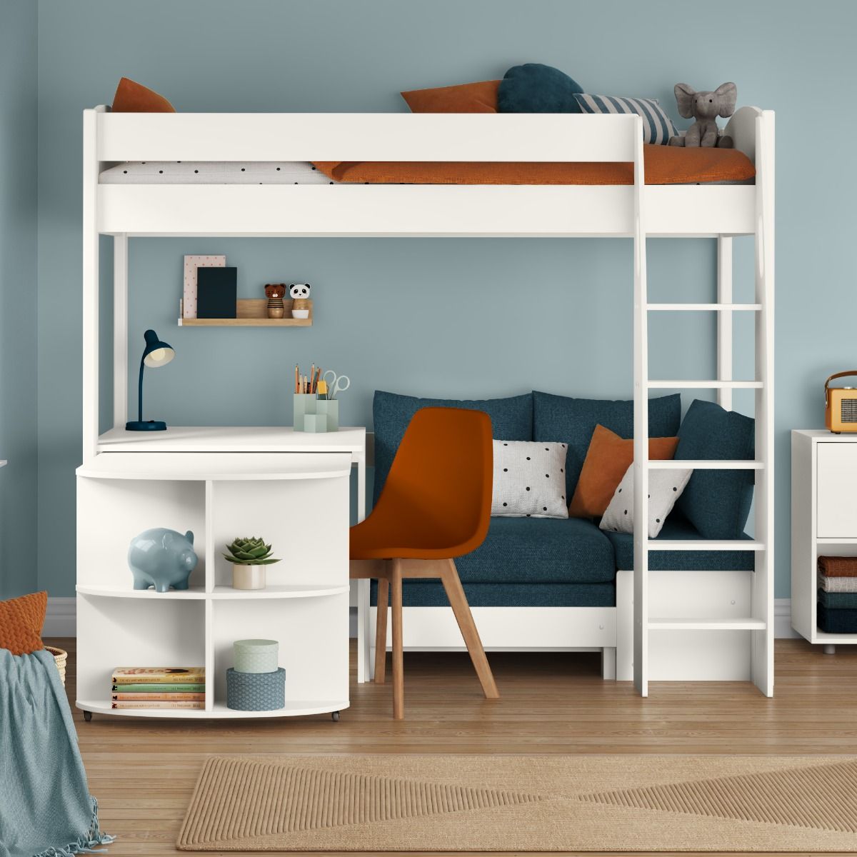 Uno S 22 Highsleeper with Sky Blue Sofa bed with a Fixed and Pull Out Desk Lifestyle Front