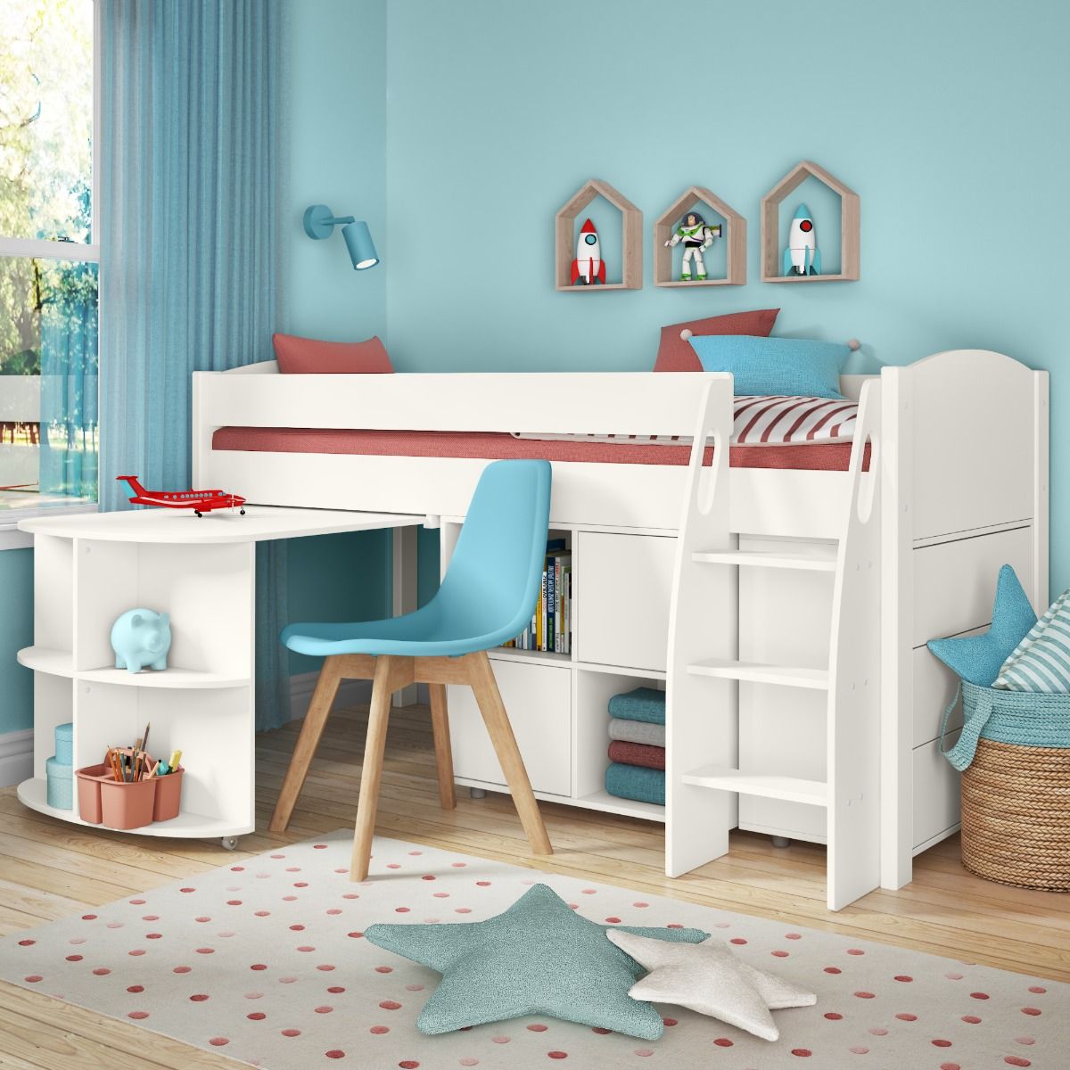 UNO S Midsleeper with Pull Out Desk, 3 Drawer Chest, Cube Unit With 2 White Doors - White Headboards Lifestyle Angled Zoomed