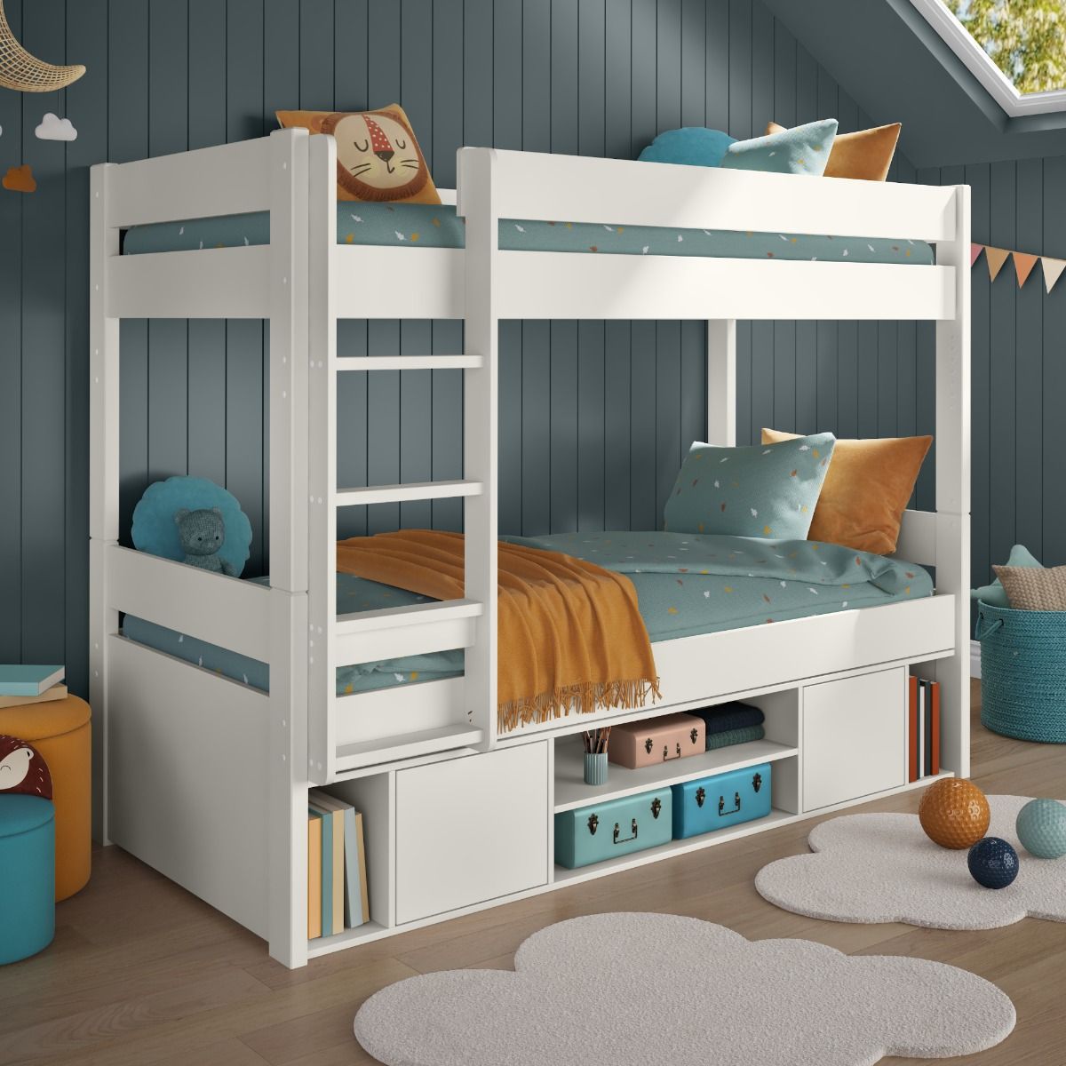 Childrens  Uno Detachable Storage Bunk Bed with White Doors Lifestyle Angled Zoomed