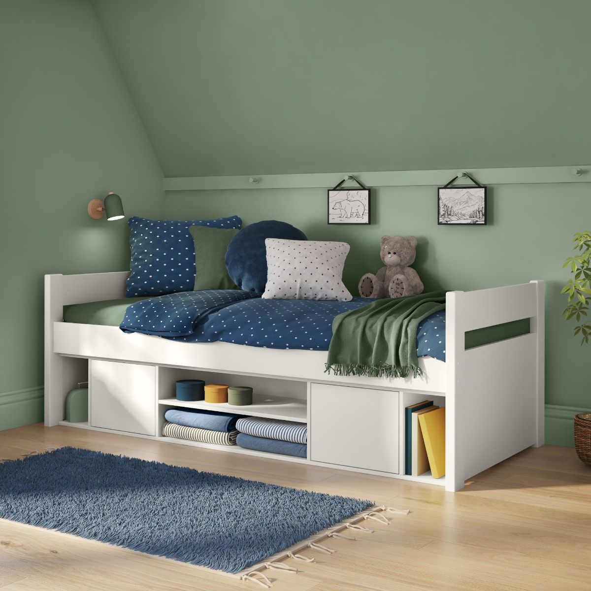 Childrens Uno Storage Cabin Bed with White Doors Lifestyle Angled Zoomed