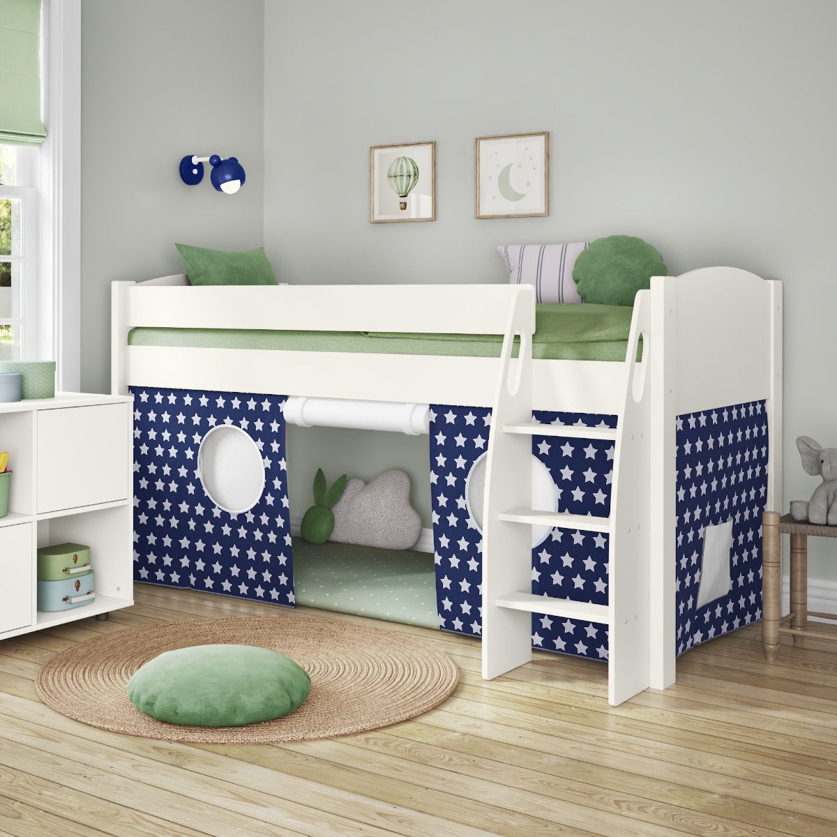 Uno S Midsleeper Including Tent with Blue Stars - White Headboard Lifestyle Angled Zoomed