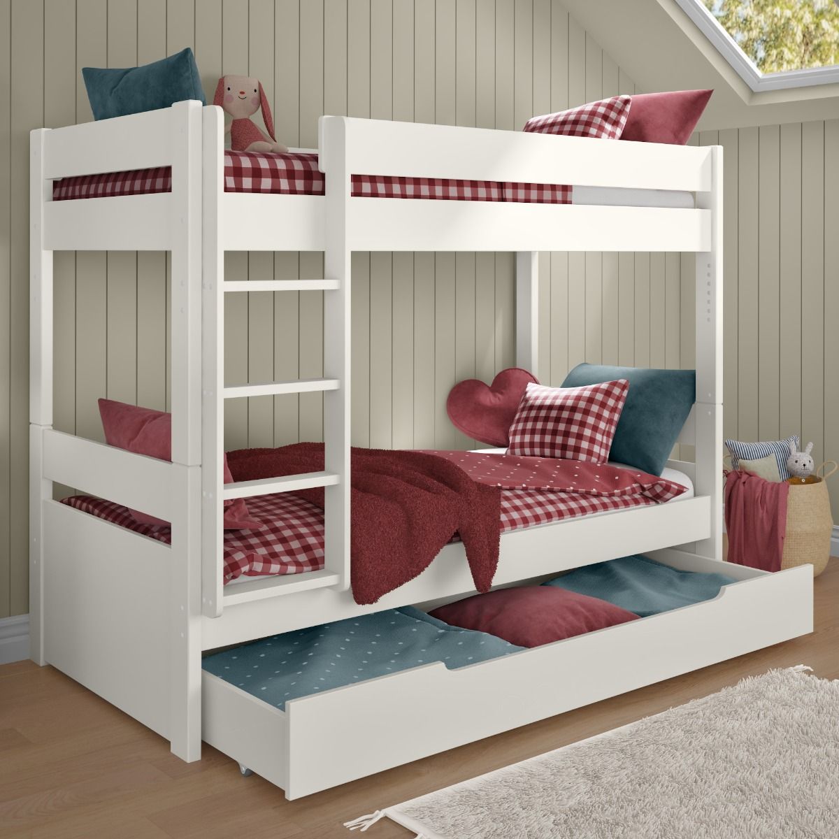 Childrens Uno White Detachable Bunk Bed  With Trundle Lifestyle Angled Zoomed