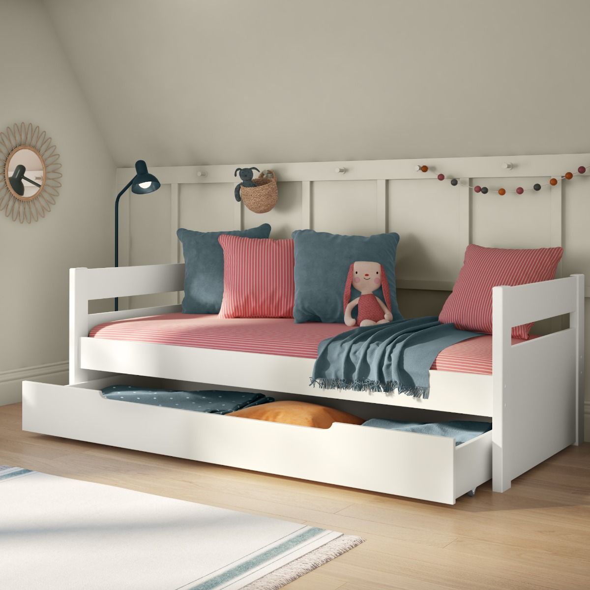 Uno White Cabin Bed with Trundle Lifestyle Angled Zoomed