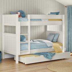 Classic Bunk Bed in White with a Trundle Bed and Trundle Mattress Lifestyle Angled Zoomed