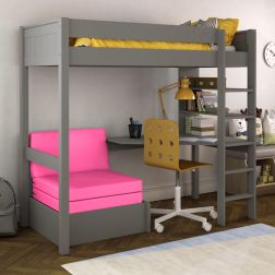 Classic High Sleeper in Grey with integrated desk and shelving and pull out chair bed UK Standard Single Size Lifestyle Angled