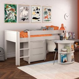 Classic Mid Sleeper in White + Pull Out Desk and 3 Drawer chest Standard UK Single Size Lifestyle Angled