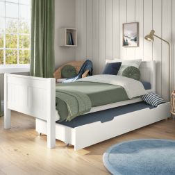 Classic Single Bed White with a Trundle Drawer and Trundle Mattress Lifestyle Angled Zoomed