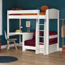 Uno S 21 High Sleeper with Berry Red Sofa bed and a Fixed Desk Lifestyle Angled Zoomed