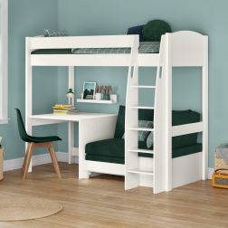 Uno S 21 High Sleeper with Teal Green Sofa bed and a Fixed Desk Lifestyle Angled Zoomed