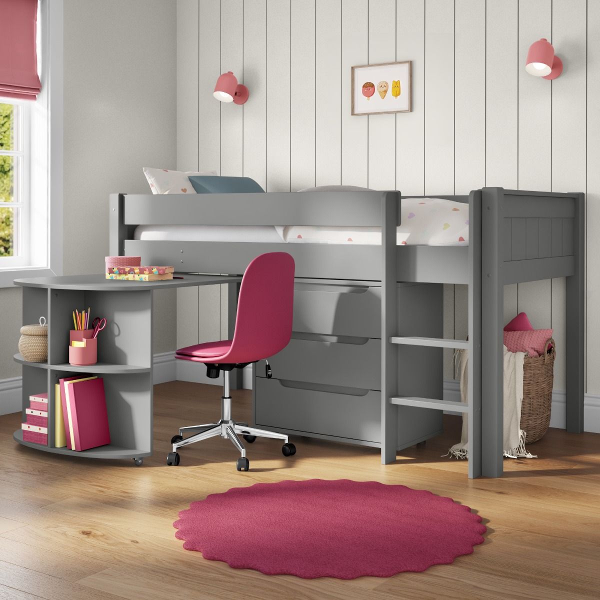 Classic Mid Sleeper in Grey + Pull Out Desk and 3 Drawer chest Standard UK Single Size Lifestyle Angled