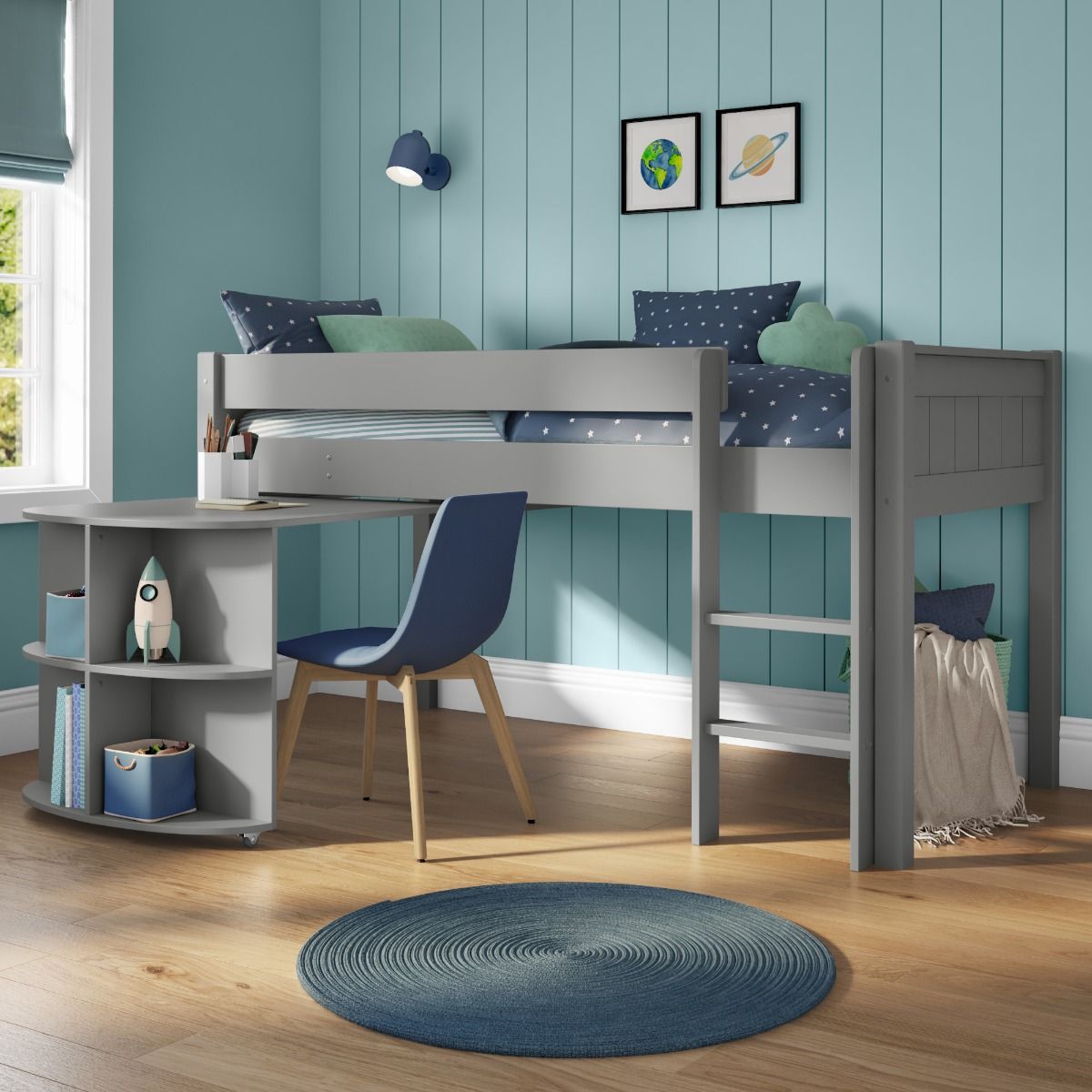 Classic Mid Sleeper in Grey + Pull Out Desk Standard UK Single Size Lifestyle Angled