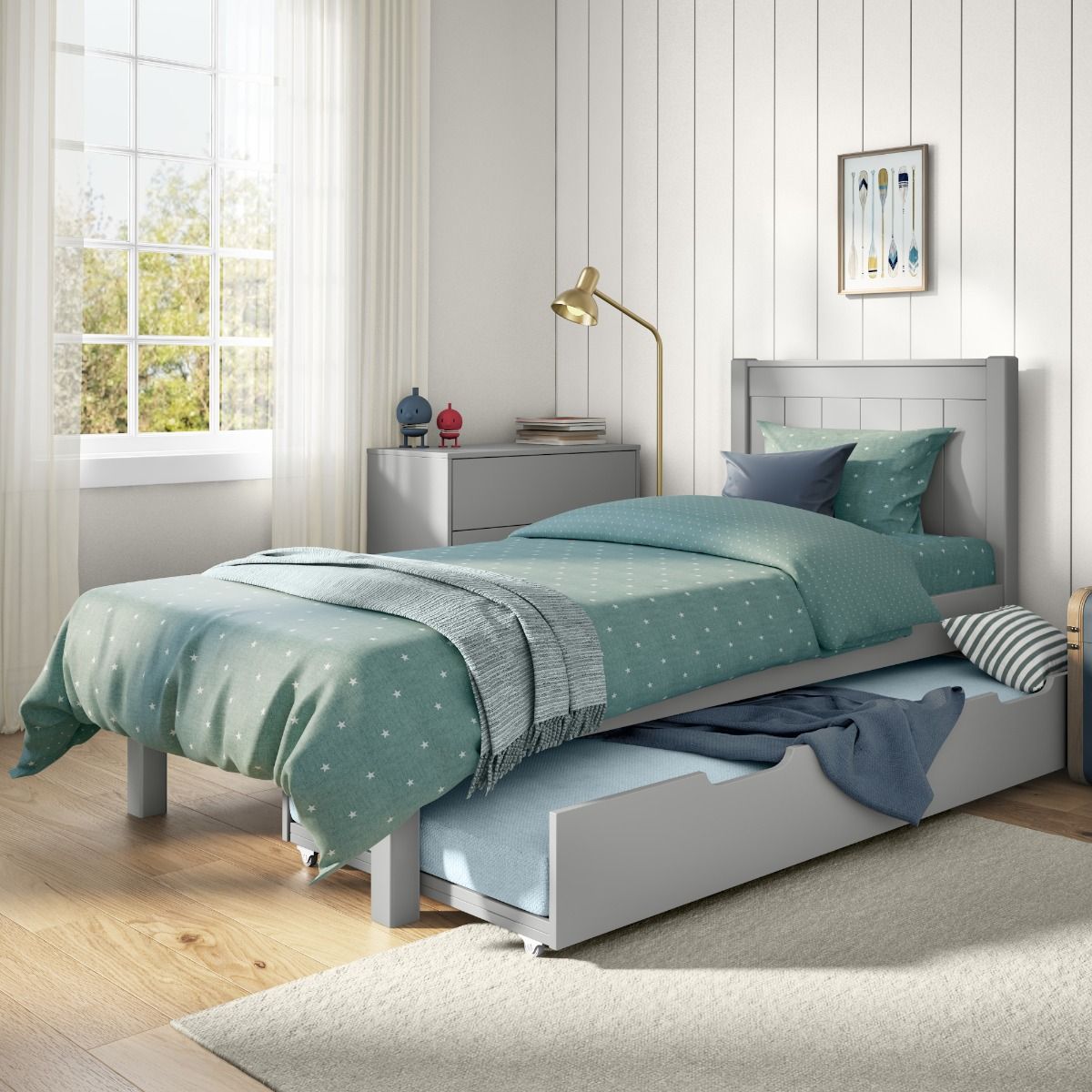 Stompa Classic Low End Single Bed in Grey with an Open Trundle including a Stompa S Flex Airflow 190cm Mattress Zoom Image