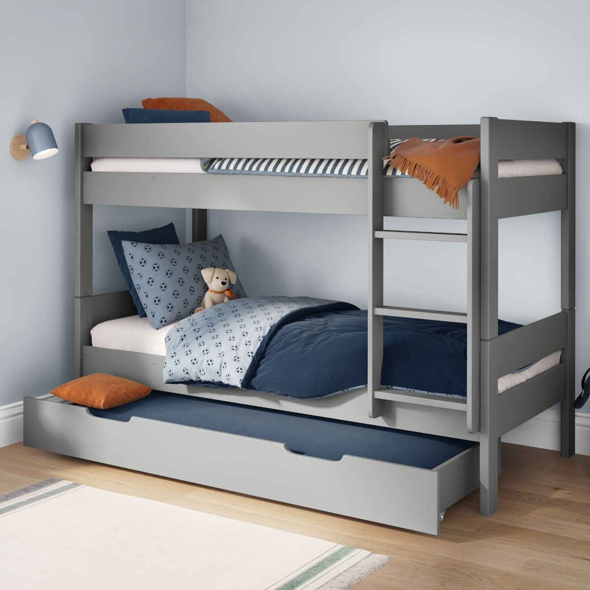 Stompa Compact Detachable Bunk Bed in Warm Grew with a Trundle Bed and Trundle mattress