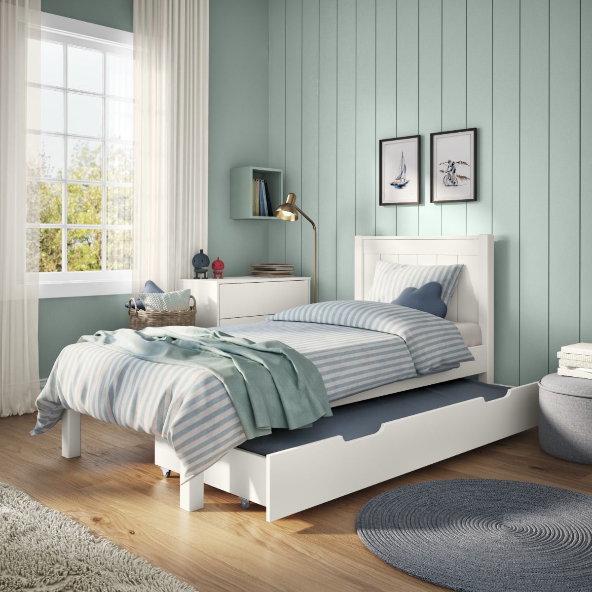 Stompa Classic Low End Single Bed in White with a Trundle Bed and Trundle Mattress zoom image