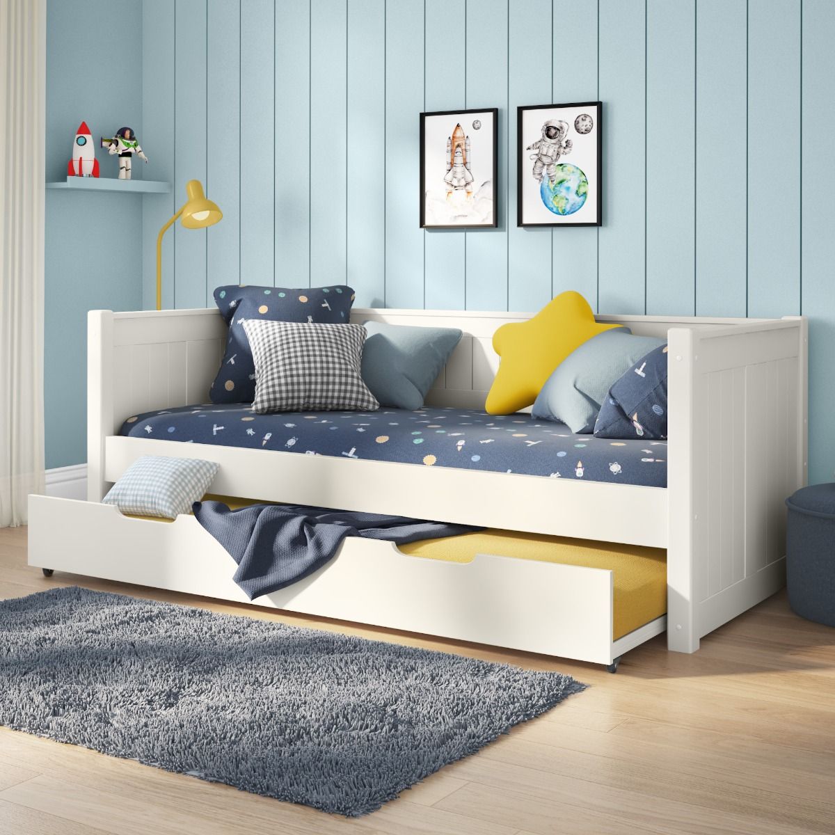 Classic White Day Bed with Open Trundle & Stompa S Flex Airflow Mattress 