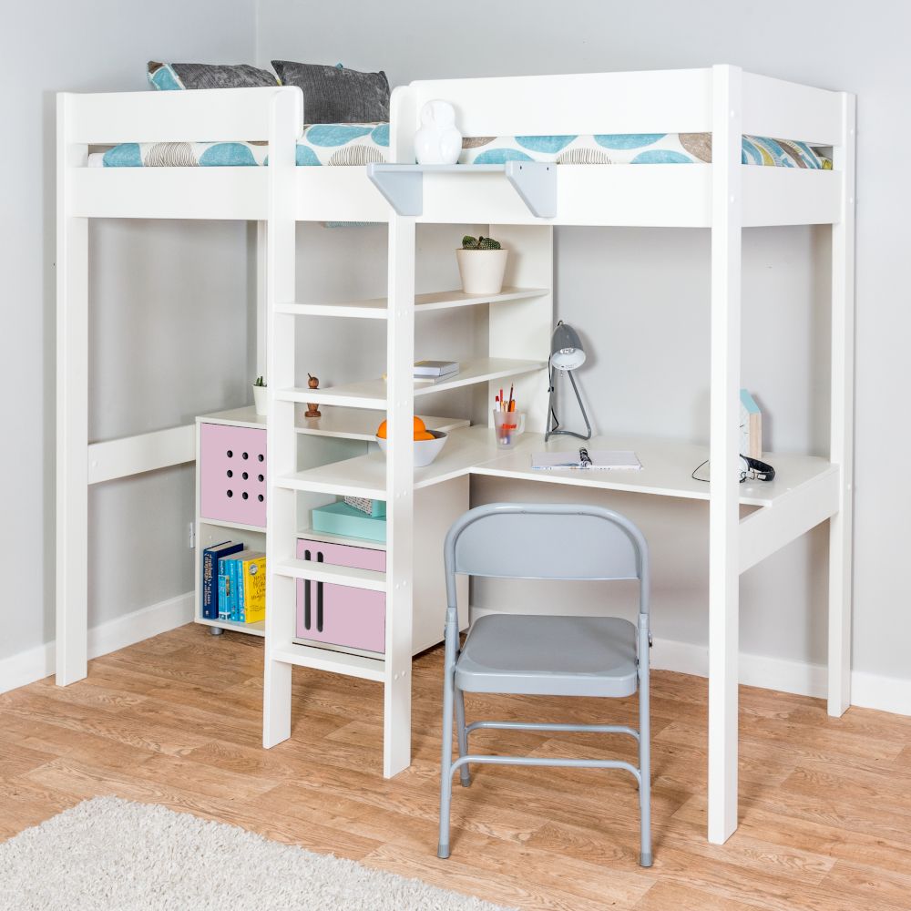 Stompa Duo 2 Highsleeper with Integrated Desk, Shelving and Cube Unit With 2 Pink Doors Lifestyle Angled