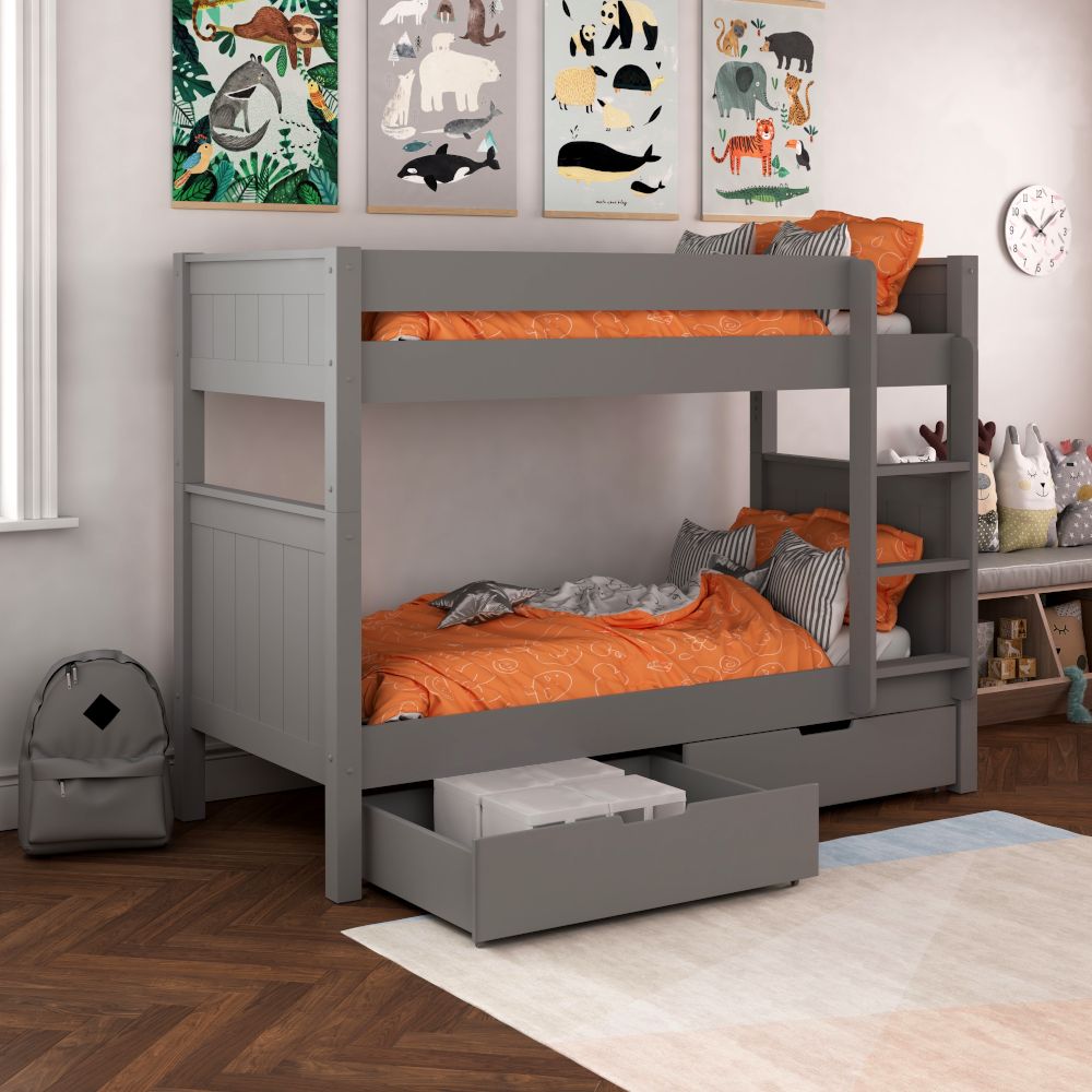 Classic Bunk Bed in Grey with a Pair of Storage Drawers Lifestyle Angled