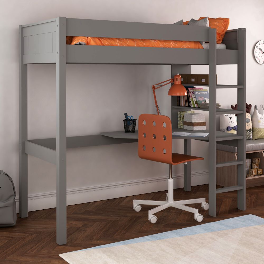 Classic High Sleeper in Grey with integrated desk and shelving  UK Standard Single Size Lifestyle Angled