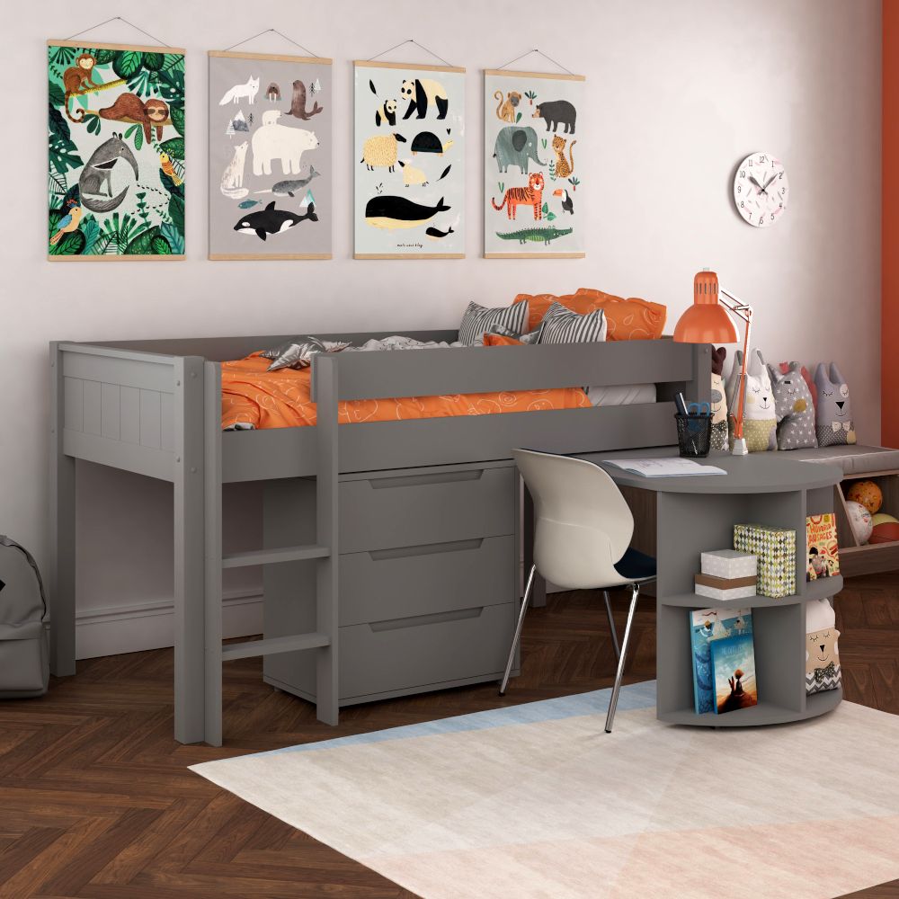 Classic Mid Sleeper in Grey + Pull Out Desk and 3 Drawer chest Standard UK Single Size Lifestyle Angled