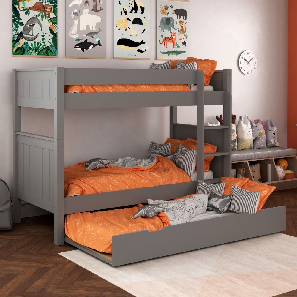 Classic Bunk Bed in Grey with full size trundle bed including a free trundle mattress Lifestyle Angled