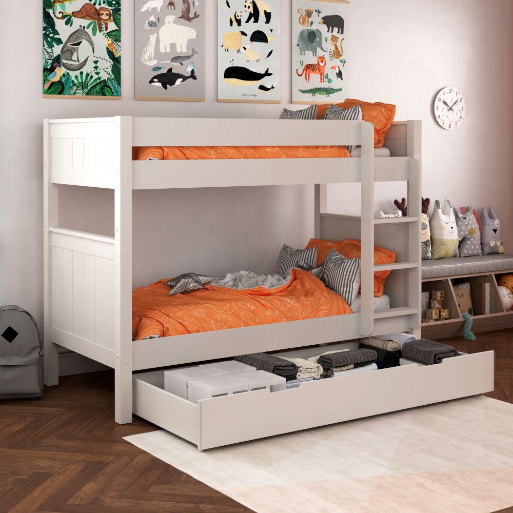 Classic Bunk Bed in White with a Trundle Storage Drawer Lifestyle Angled