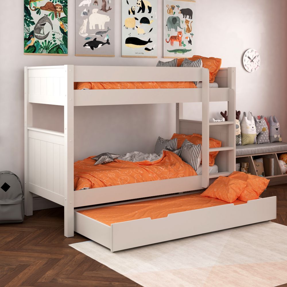 Classic Bunk Bed in White with a Trundle Bed and Trundle Mattress Lifestyle Angled