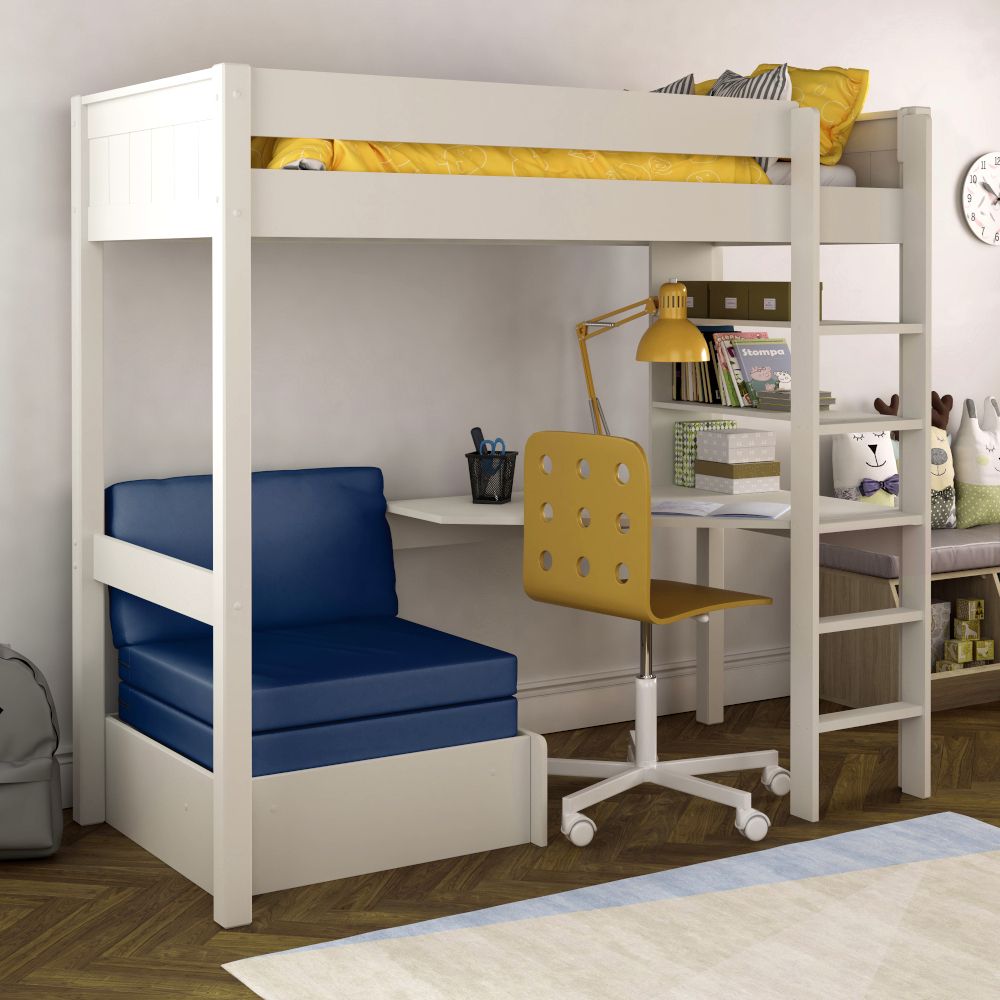 Classic High Sleeper in White with integrated desk and shelving and pull out chair bed UK Standard Single Size Lifestyle Angled